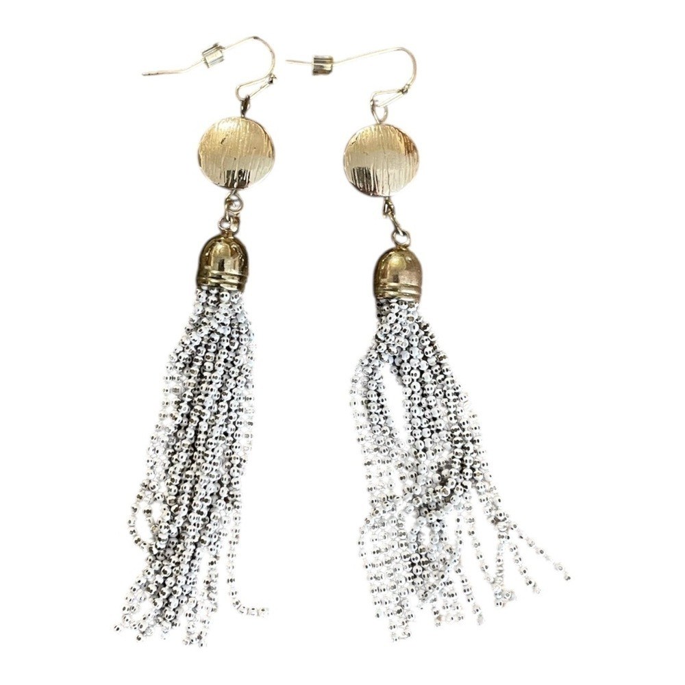 White House Black Market Gold Tassel White Dangle Earrings Minimalist Classic - Picture 3 of 6